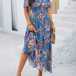 A-Line Elasticated Waist Contrast Color Flower Print Pleated Split-Joint V-Neck Maxi Dresses