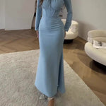 Bodycon Long Sleeves Pleated Solid Color Tied Zipper Mock Neck Maxi Dresses