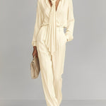 Women's Cream Satin Set With Tie-Neck Blouse & Tailored Wide-Leg Pants, Timeless Luxe-Casual Style Set