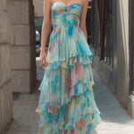 Strapless Watercolor Print Tiered Maxi Dress