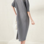 Stylish Irregularity Loose Pleated Solid Color Round-Neck Midi Dresses
