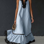 A-Line Loose Contrast Color Pleated Ruffle Trim Split-Joint V-Neck Maxi Dresses