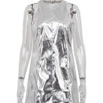 A-line Loose Shiny Solid Color Zipper Round-neck Mini Dresses