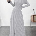 Long Sleeves Pleated Solid Color Split-Joint High Neck Maxi Dresses