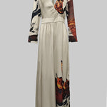 Long Sleeves Loose Floral Printed Pleated Split-Joint V-Neck Jumpsuits