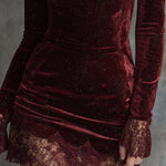 Sparkling Velvet Lace-Trim Mini Dress – Spiced Wine Red