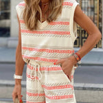 Beige Striped Print Dolman Top & Drawstring Shorts Set