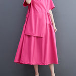 Loose Short Sleeves Solid Color Split-Joint Round-Neck Midi Dresses