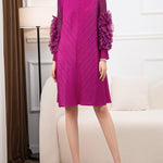 Long Sleeves Loose Embroidered Pleated Solid Color Round-Neck Midi Dresses