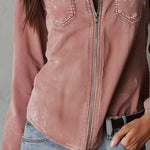 Western Soft Faded Dusty Rose Washed Denim Zip Shirt