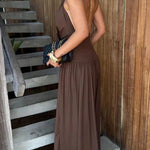 Lightweight Chic Metal Ring Drape Cowl Halter Neck Bodysuit and Elastic Waist Wide Leg Pants Set
