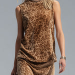 Leopard Print Crew Neck Sleeveless Vest And Split-hem Velvet Skirt Set