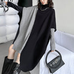 Batwing Sleeves Hipster Asymmetric Contrast Color Split-Joint High-Neck Midi Dresses Sweater Dresses