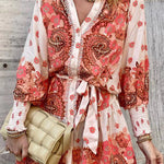 Palace Print Button Smocked Sleeve Belt Mini Dress