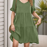 A-Line Flared Sleeves Pleated Pockets Ruffled Solid Color Split-Joint Round-Neck Mini Dresses