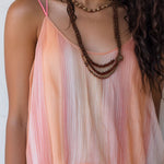 Boho Coral Sunrise Pleated Chiffon Cami Top With Ruffled Hem