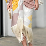 Unique Printed Balloon Sleeve Loose Top and Fringed Hem Skirt Set