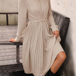 Long Sleeves Loose Pleated Solid Color Split-Joint Tied Waist Round-Neck Midi Dresses