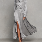Women's Elegant Grey Satin Shirt-collar Long Dress With Tie Detail