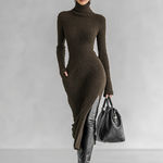 Women's Slim Fit Plush Knitted High Neck Side Slit Midi Dress
