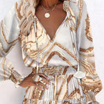 A-Line Long Sleeves Contrast Color Pleated Split-Joint Tied V-Neck Mini Dresses