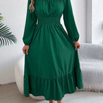 A-Line Elasticated Waist Pleated Solid Color Round-Neck Maxi Dresses
