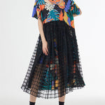 A-Line Loose Buttoned Hollow Mesh Printed Split-Joint Lapel Midi Dresses