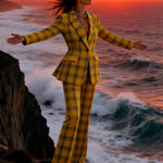 Elasticated Waist High Waisted Buttoned Contrast Color Plaid Split-Joint Notched Collar Blazer Outerwear