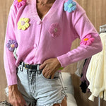 Ezro Knit Colorful Dimensional Flowers Button Up Loose Cardigan
