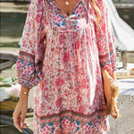 A-Line Loose Contrast Color Flower Print Pleated V-Neck Mini Dresses