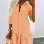 Long Sleeves Loose Buttoned Pleated Solid Color Split-Joint Lapel Mini Dresses Shirt Dress