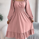 A-Line Elasticated Waist Pleated Ruffled Solid Color Square-Neck Midi Dresses