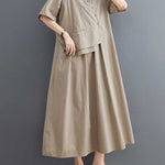 Loose Short Sleeves Pleated Solid Color Split-Joint V-Neck Midi Dresses