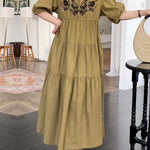 Bishop Sleeve Loose Embroidered Pleated V-Neck Midi Dresses