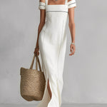 Women's White Textured Dress With Cold-Shoulder Design & Contrast Trim, Timeless Sleek-Chic Style  Dress