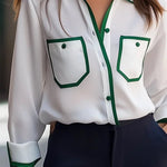 Long Sleeves Loose Buttoned Contrast Color Pockets Lapel Blouses&Shirts Tops