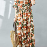 Half Sleeves Loose Pleated Printed Split-Joint Round-Neck Midi Dresses