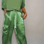 Satin Gloss Drawstring Waist-Defining Wide-Leg Workwear Set