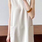 High Waisted Loose Pockets Solid Color Split-Back Zipper Round-Neck Midi Dresses