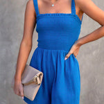 Square Collar Frill Smocked Solid Cami Romper