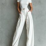 Women's White Stretch Knit Fabric Turtleneck Top & High-Waisted Wide-Leg Pants Set