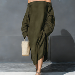Women's Elegant Olive Green Cotton-linen Blend Off-the-shoulder Long-sleeved Maxi Dress