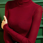 Long Sleeves Plus Size See-Through Solid Color Split-Joint High Neck T-Shirts