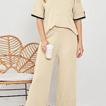 Lounge or Casual Wear Knit Patchwork Color Block Short Sleeve Top and Elastic Wide Leg Pants