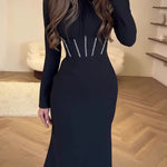 Bodycon Long Sleeves Pleated Solid Color Tied Zipper Mock Neck Maxi Dresses