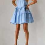 A-Line High Waisted Backless Layered Pleated Solid Color Spaghetti-Neck Mini Dresses