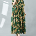 Half Sleeves Loose Flower Print Pleated Pockets Round-neck Midi Dresses