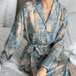 Long Sleeves Buttoned Printed Tied Waist Notched Collar Shirts Top + High Waisted Pants Bottom Two Pieces Set