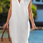 Cotton Linen Sleeveless Solid Color Loose V-Neck Dress