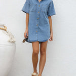 Loose Short Sleeves Split-Joint Lapel Mini Dresses Shirt Dress